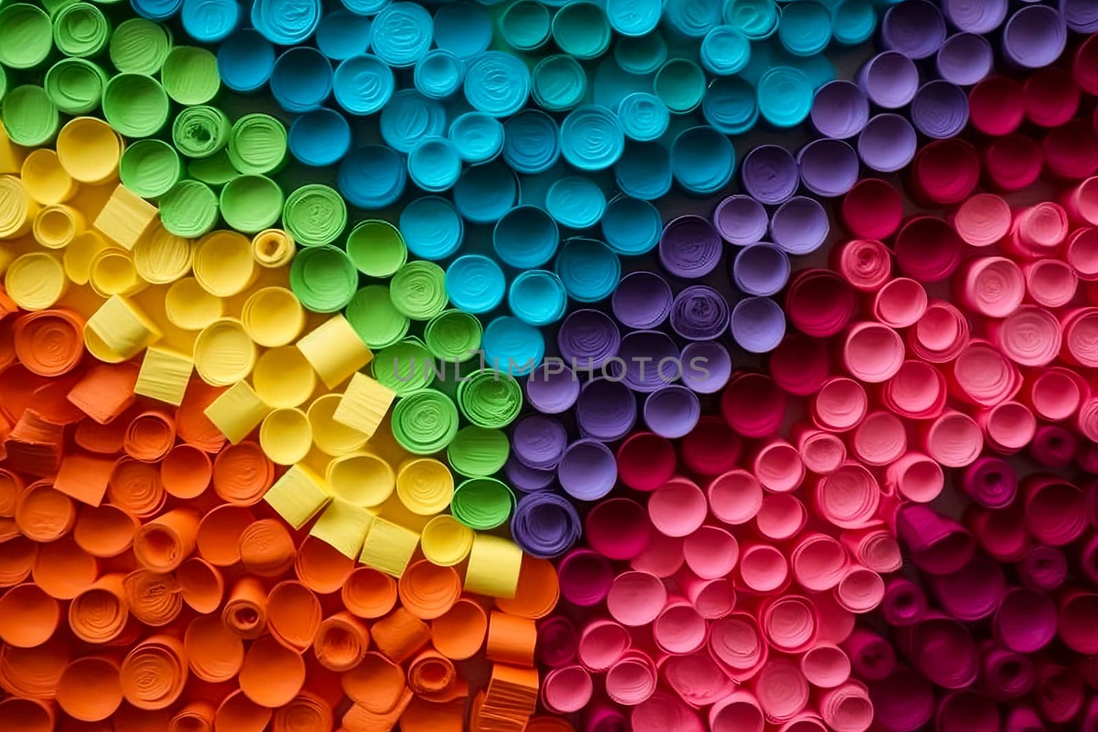 A colorful collage of paper circles in various shades of red, yellow, green, blue, and purple