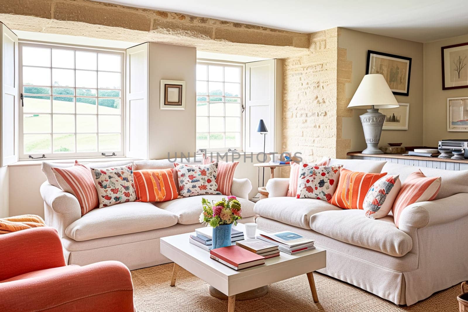 Modern cottage sitting room, living room interior design and country house home decor, sofa and lounge furniture, English Cotswolds countryside style interiors