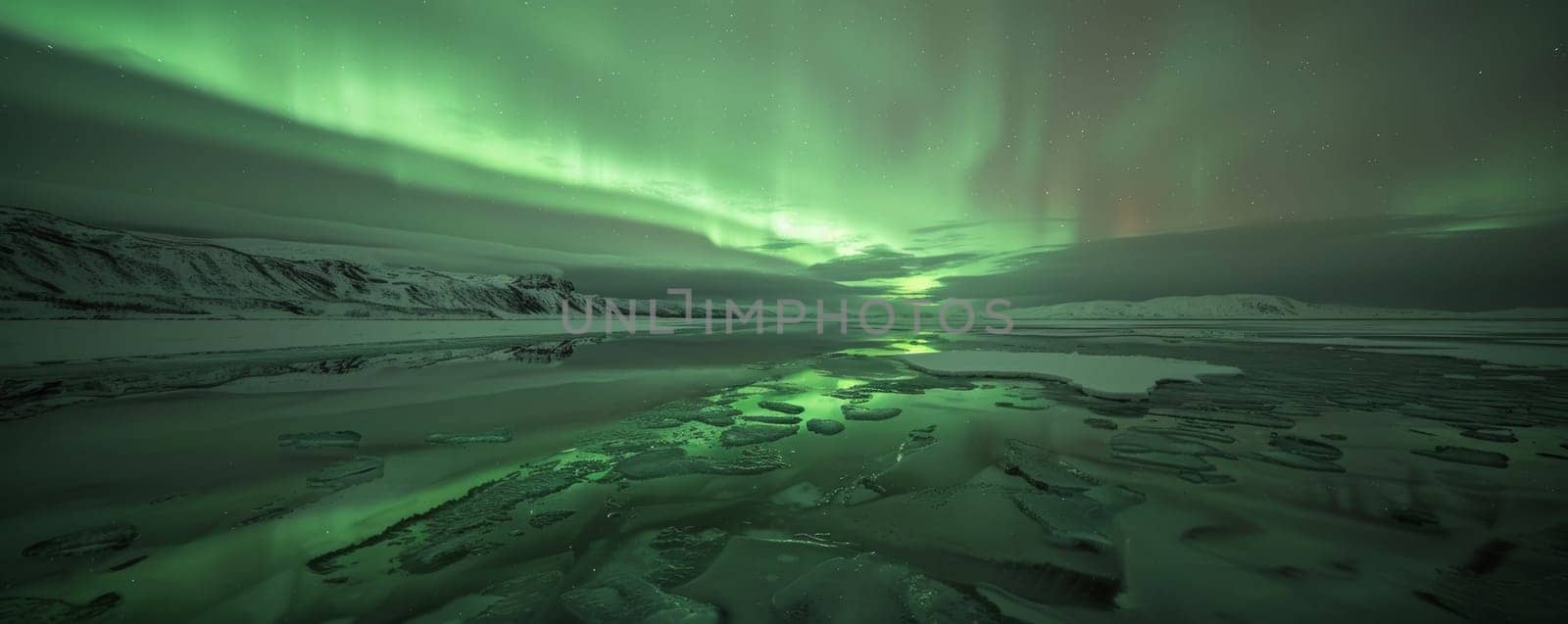 Northern lights illuminating the frozen landscape with reflection on icy water. Natural phenomenon and winter beauty concept.