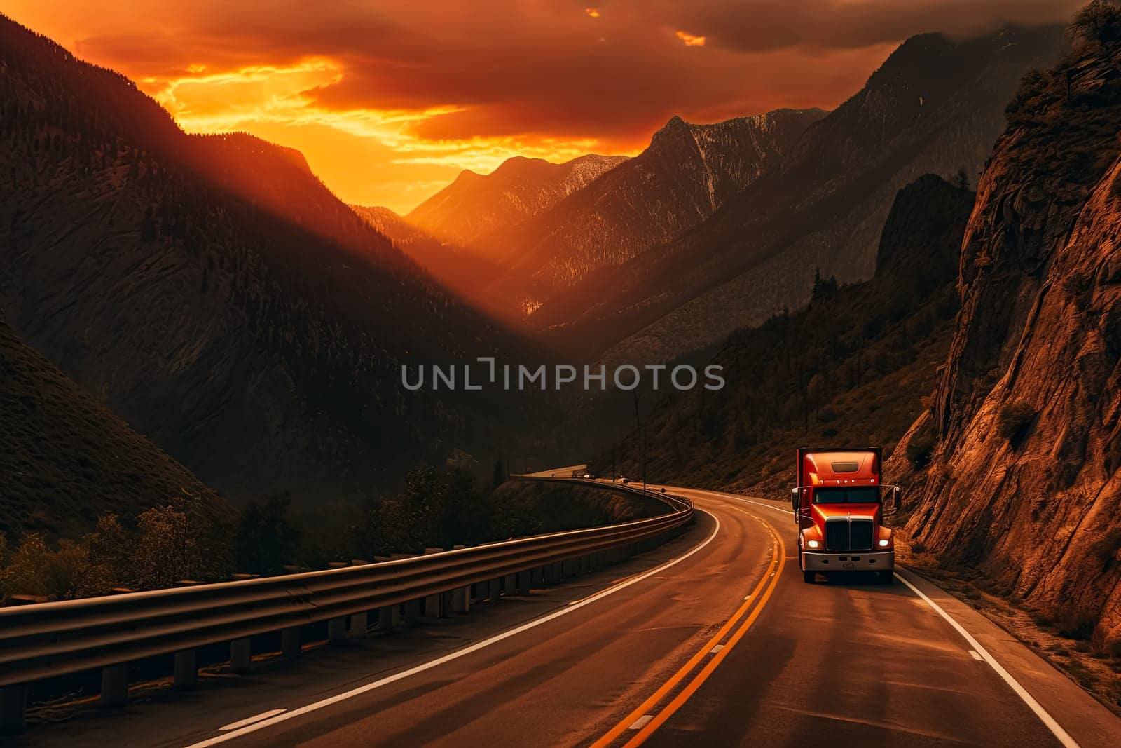 A red semi truck is driving down a mountain road at sunset. The road is narrow and winding, with a beautiful view of the mountains in the background. The sky is filled with orange and pink hues