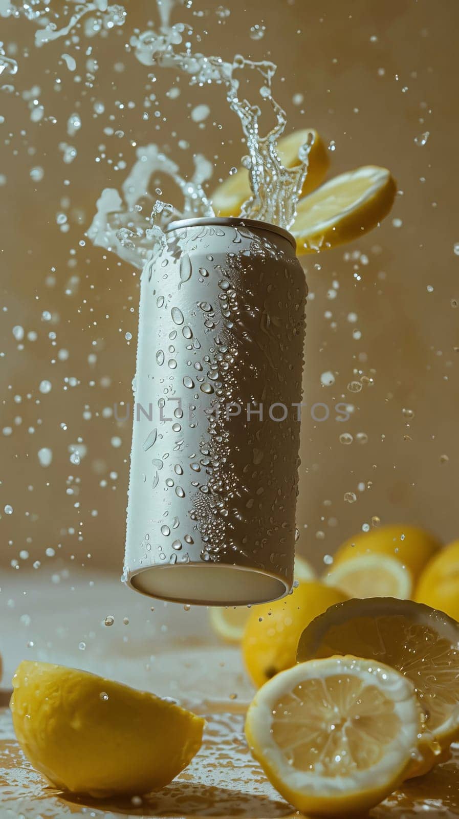 Refreshing splash from a soda can with lemons, dynamic beverage concept.