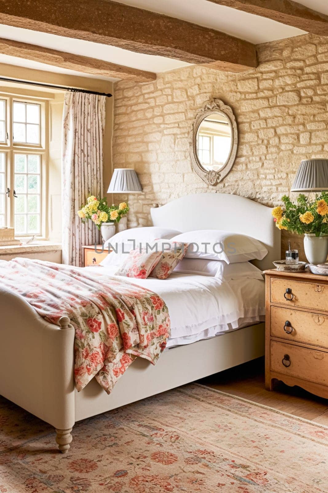 Cottage style bedroom decor, interior design and home decor, bed with elegant bedding and bespoke furniture, English country house or holiday rental interiors