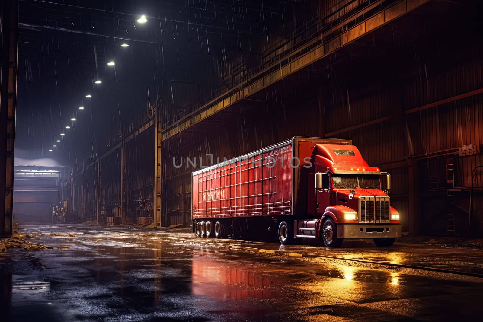 A semi truck is parked in front of a large building. The truck is white and has a Coca-Cola logo on the side. The scene is set at night, with the truck and building illuminated by street lights