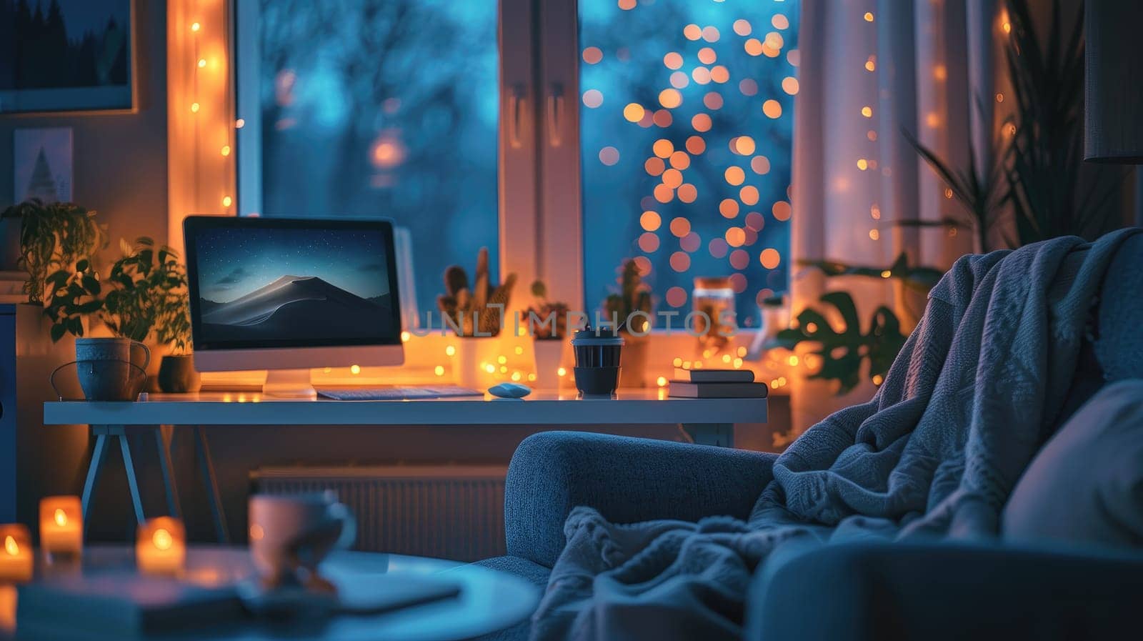 A peaceful home office space featuring a cozy chair and a tidy desk, and bokeh lights adding a touch of warmth.