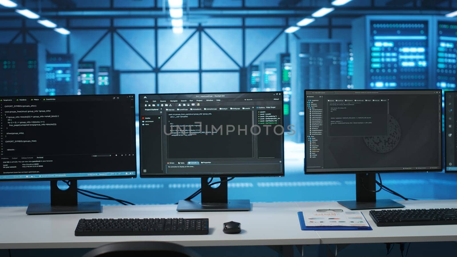 Lines of code running on computer screens in data center, used for troubleshooting rackmounts in server rows. Close up shot of script working on PC monitors upgrading hardware