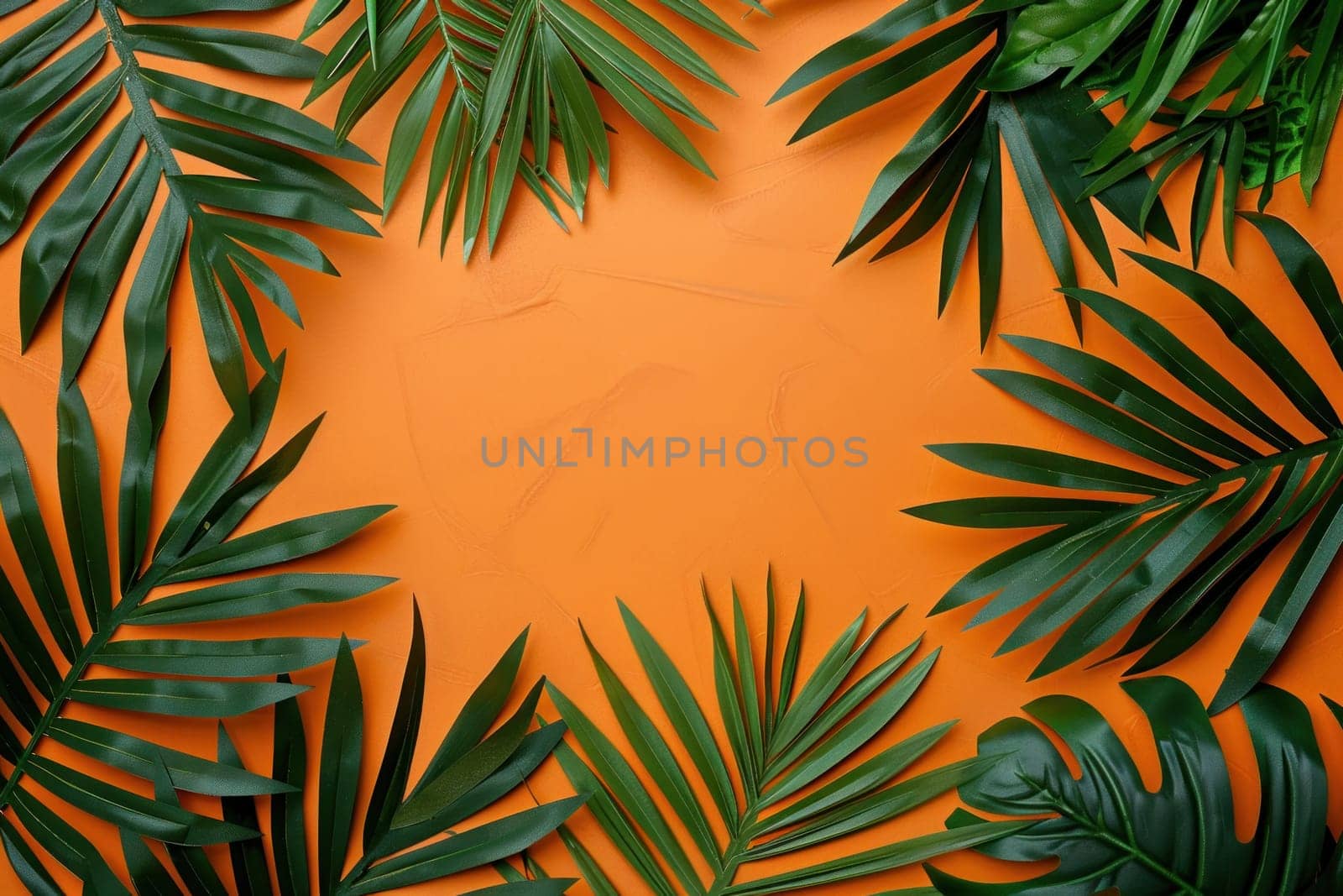 Tropical palm leaves on orange background flat lay summer travel nature botanical top view copy space summery aesthetic