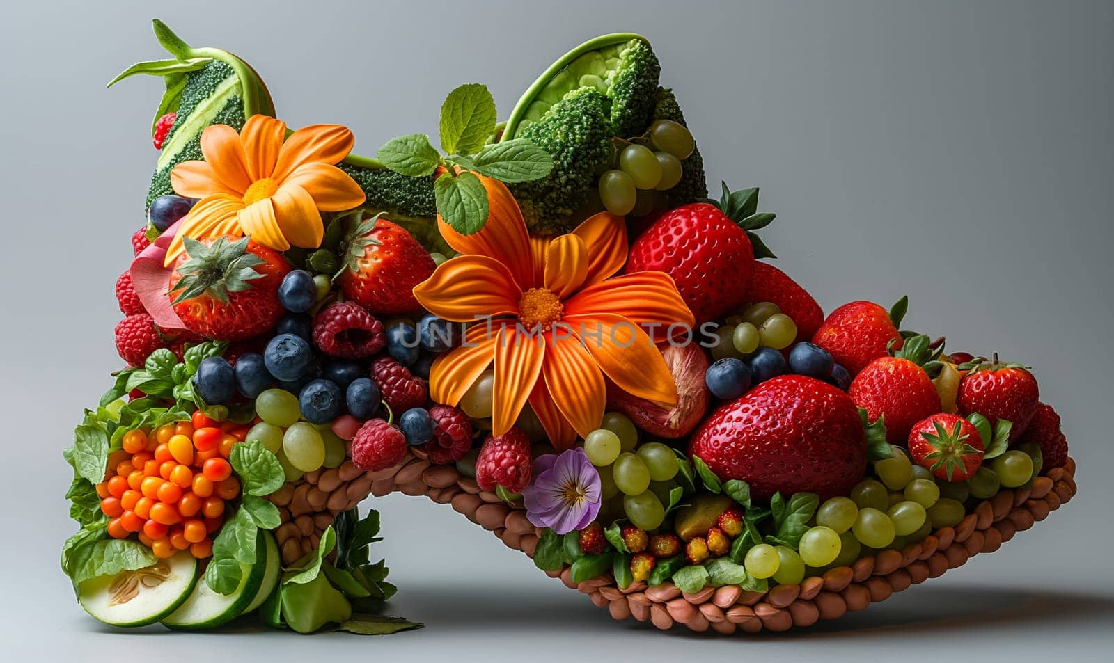 Shoes with fruits, berries and flowers. Selective focus