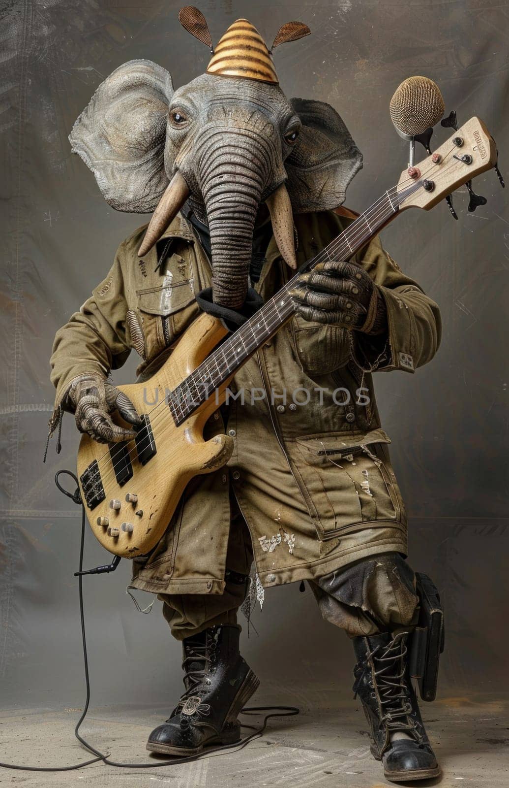 Elephant in suit playing electric guitar in dark background unique musical performance traveling through time and space