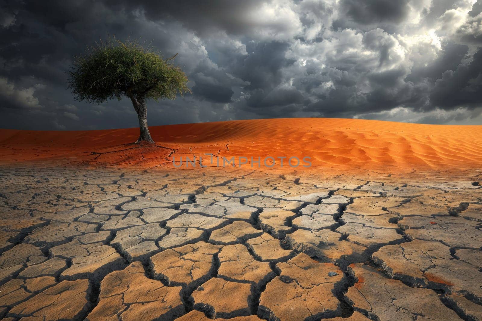 Lonely tree in the heart of the arid desert underneath a gathering storm exploring nature's resilience