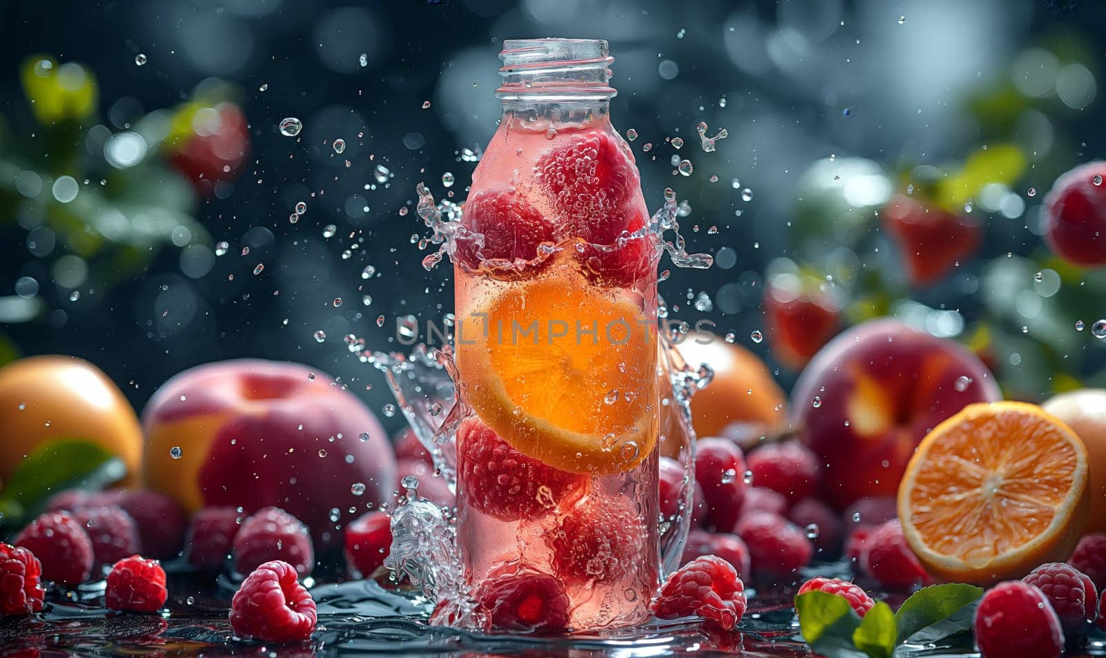 Fresh fruits in a bottle of water. Selective focus.