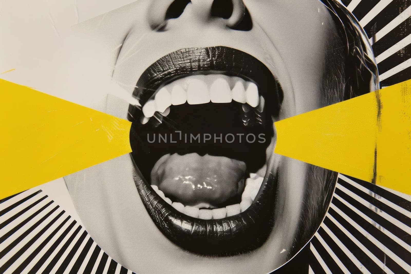 Excited woman with open mouth on bold black and yellow background expressing artistic beauty and fashion