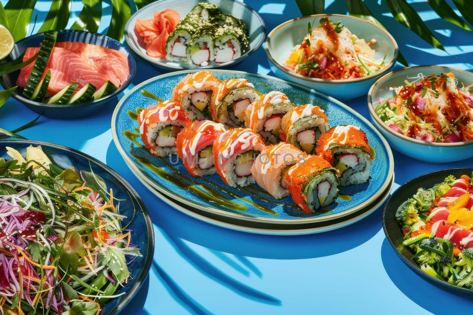 Exquisite variety of sushi and delicious food on blue table with palm trees in background, travel and culinary delights concept