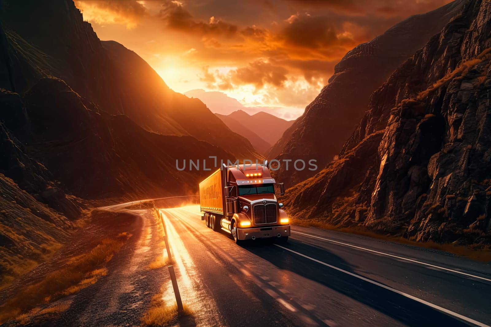 A red semi truck is driving down a mountain road at sunset. The road is narrow and winding, with a beautiful view of the mountains in the background. The sky is filled with orange and pink hues