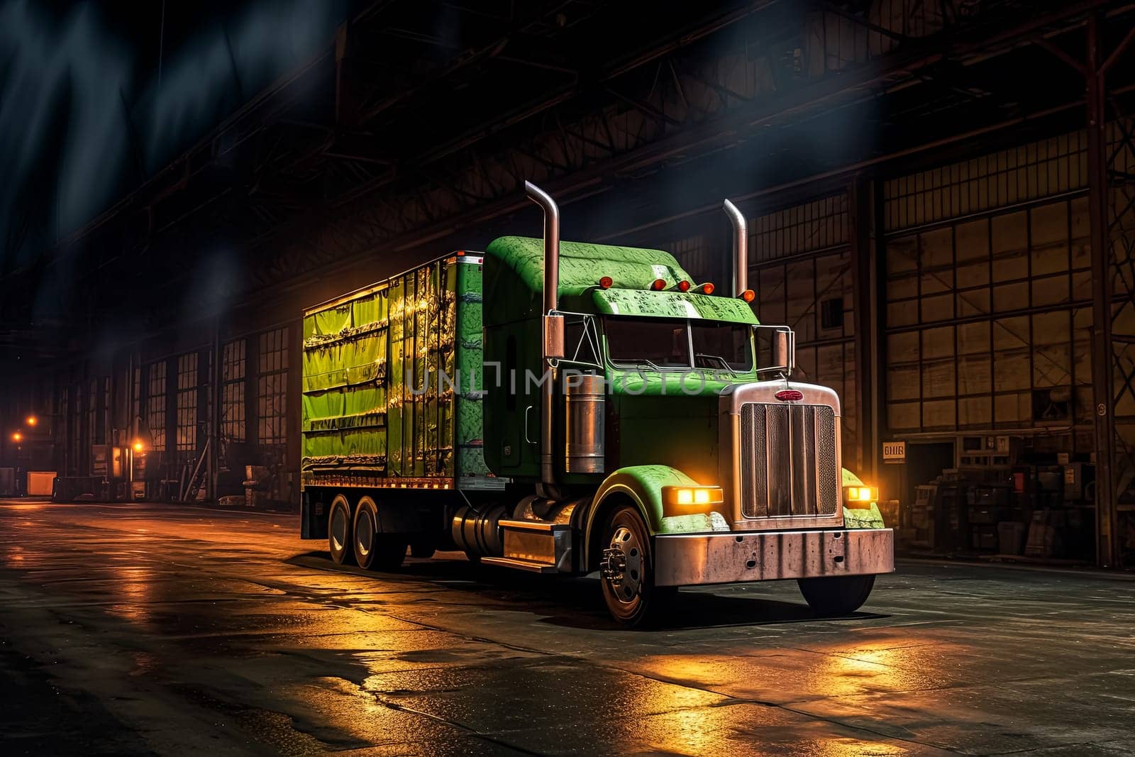 A semi truck is parked in front of a large building. The truck is white and has a Coca-Cola logo on the side. The scene is set at night, with the truck and building illuminated by street lights