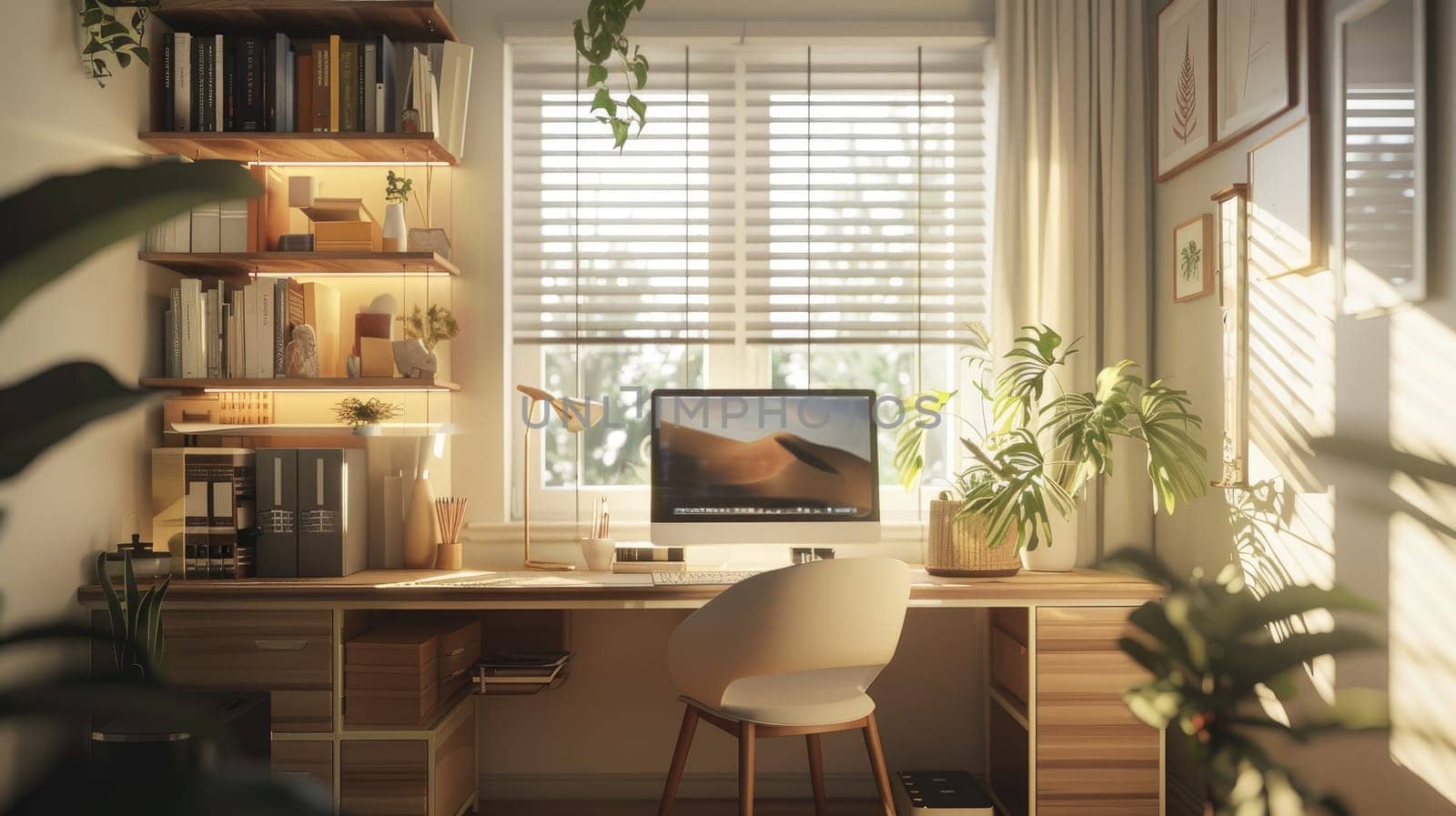 A serene home office with a clean workspace and subtle bokeh lighting for a mindful ambiance.