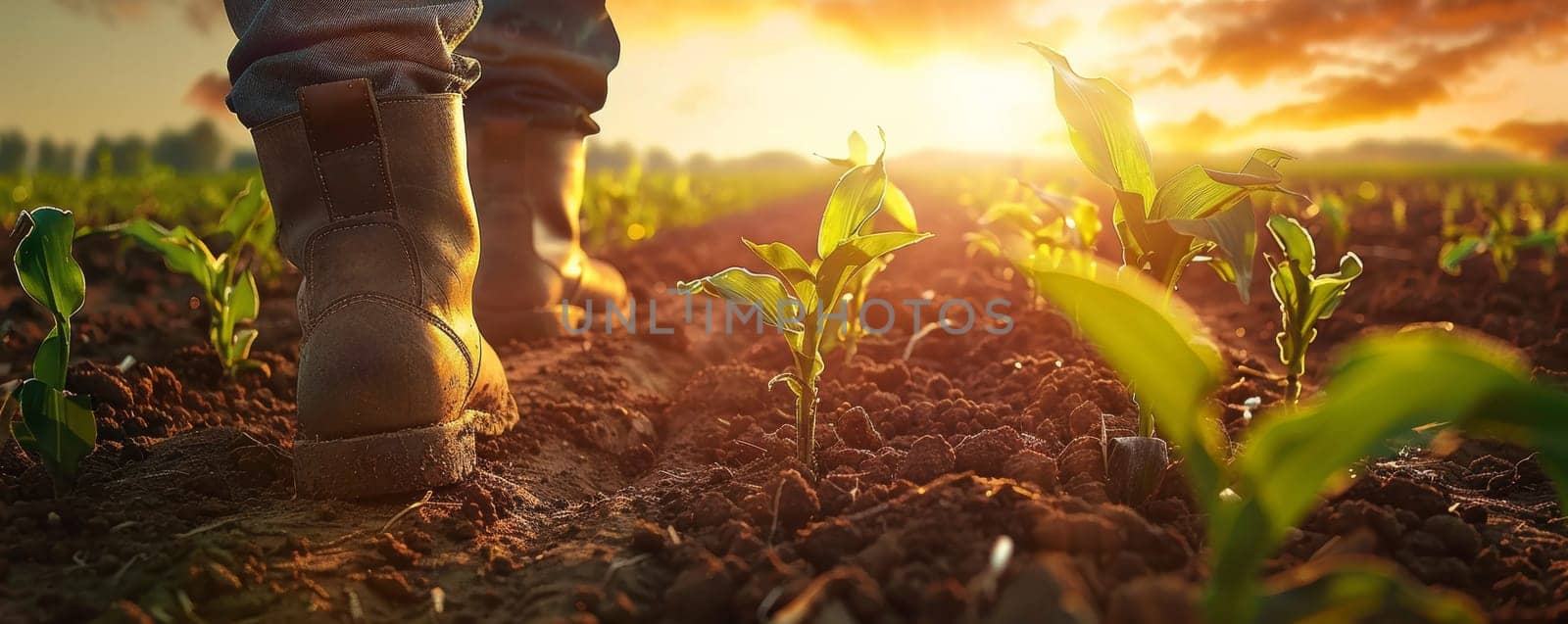 Farmer walking through young cornfield at sunset, close-up on boots and seedlings. Agriculture and rural lifestyle concept.