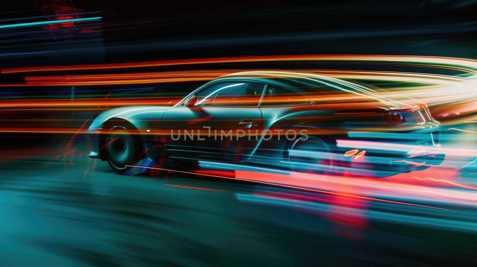 A car is speeding down a road with a blurred background. The car is the main focus of the image, and the blurred background suggests that the car is moving at a high speed