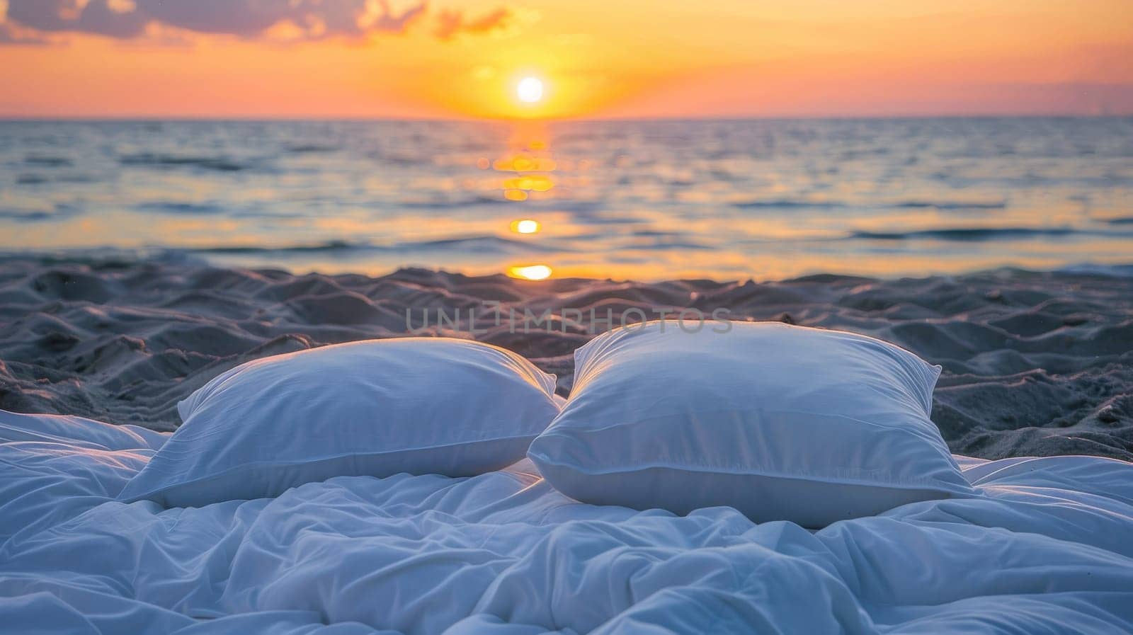 Sunset view from a cozy bed setup on the beach, tranquil scenery. Romantic getaway and relaxation concept.