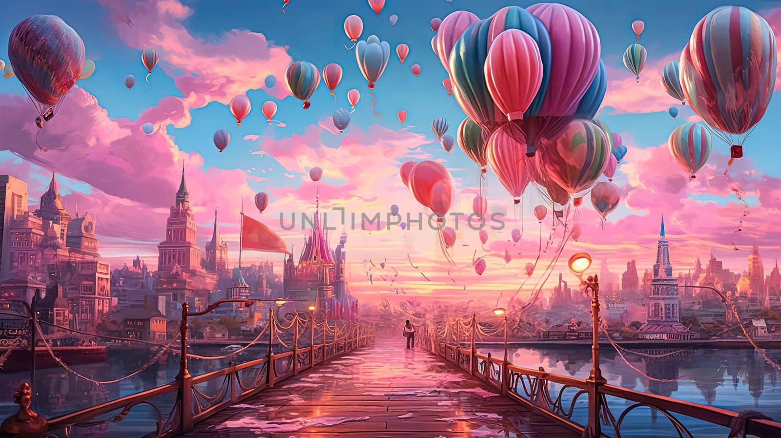 A beautiful painting of a city with many hot air balloons in the sky. The sky is pink and the city is full of buildings. The mood of the painting is peaceful and serene