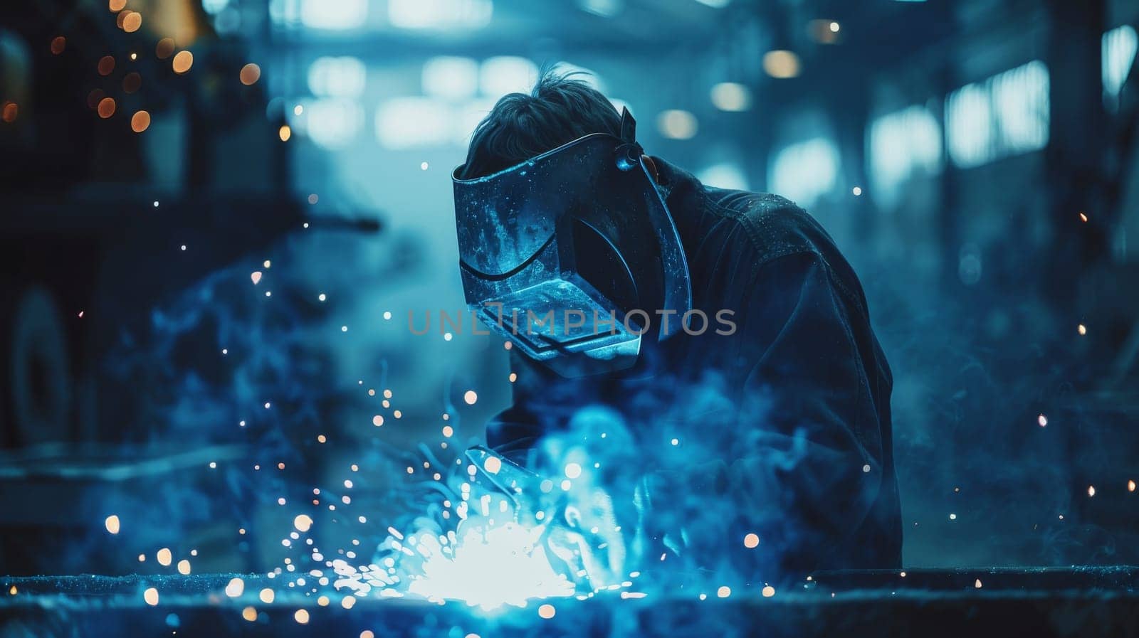 A man welder worker in a black jacket is working on a piece of metal. The image has a mood of industrial and hard work