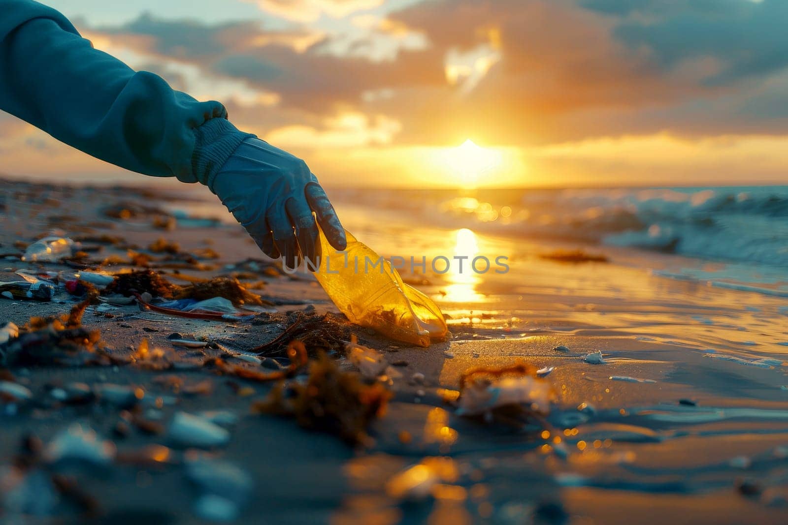 Volunteer hand with gloves collect micro plastics collects plastic from beach sand. Environment, pollution, plastic waste concept..