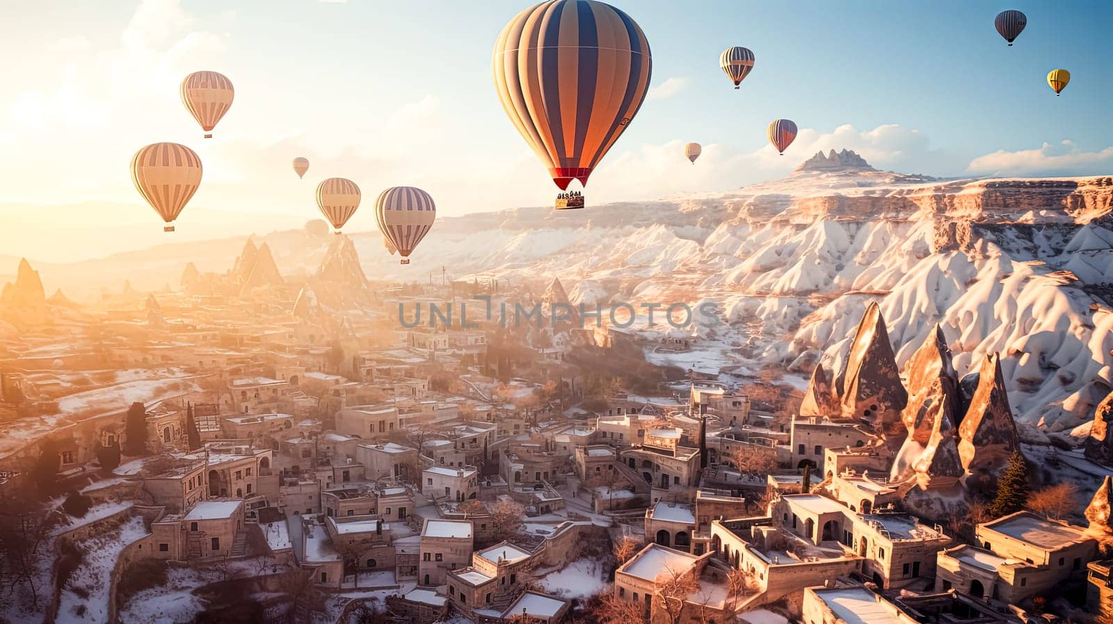 A hot air balloon festival is taking place in a small town. The sky is filled with colorful hot air balloons, creating a vibrant and lively atmosphere. The town is surrounded by mountains