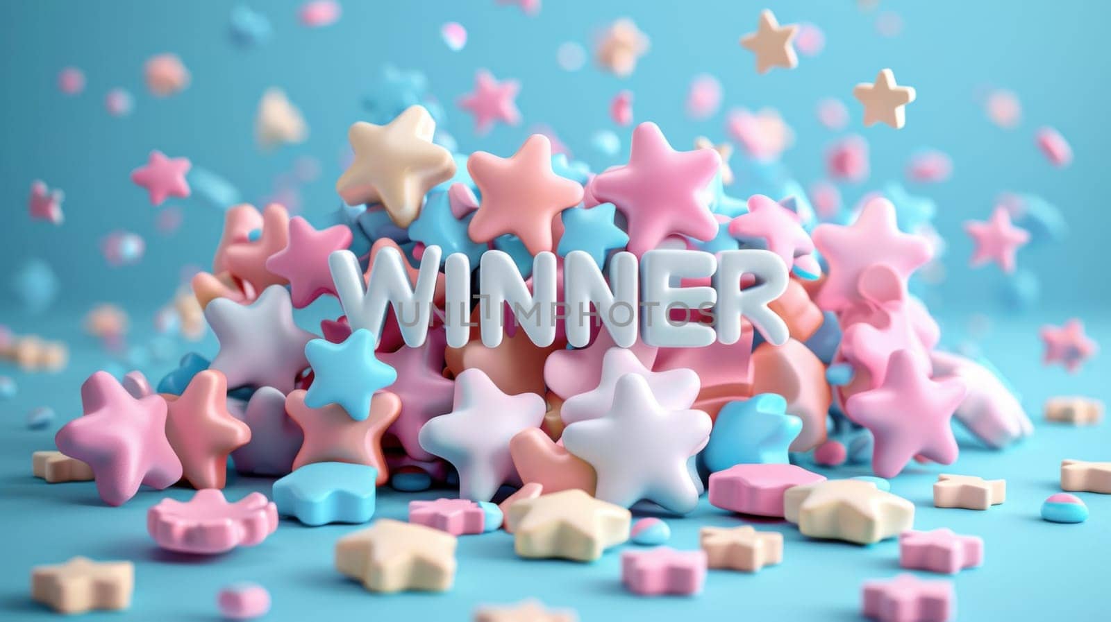 The Word WINNER in White Letters Surrounded by a Burst of Colorful Stars in 3D Concept Celebration and Achievement.