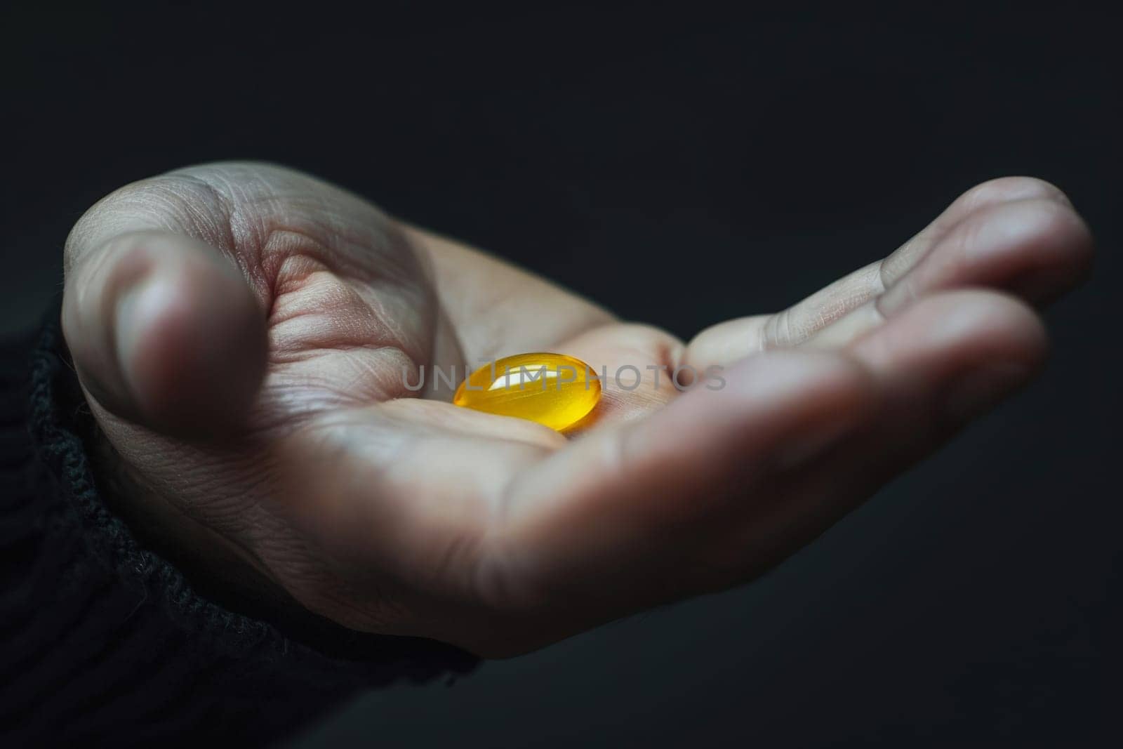 hands holding a pill in the palm of a person's ..