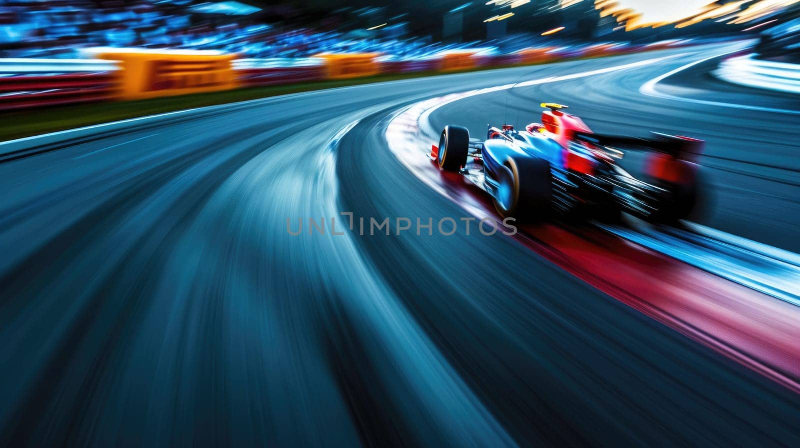 A race car is speeding down a track. The car is red and blue