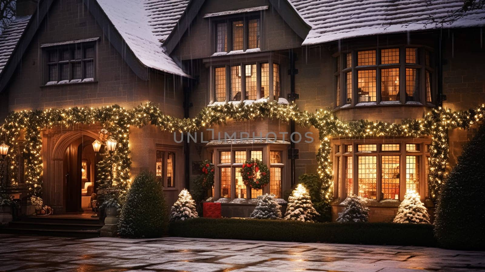 Christmas at the manor, English countryside style estate in winter with garden and festive exterior landscape decor