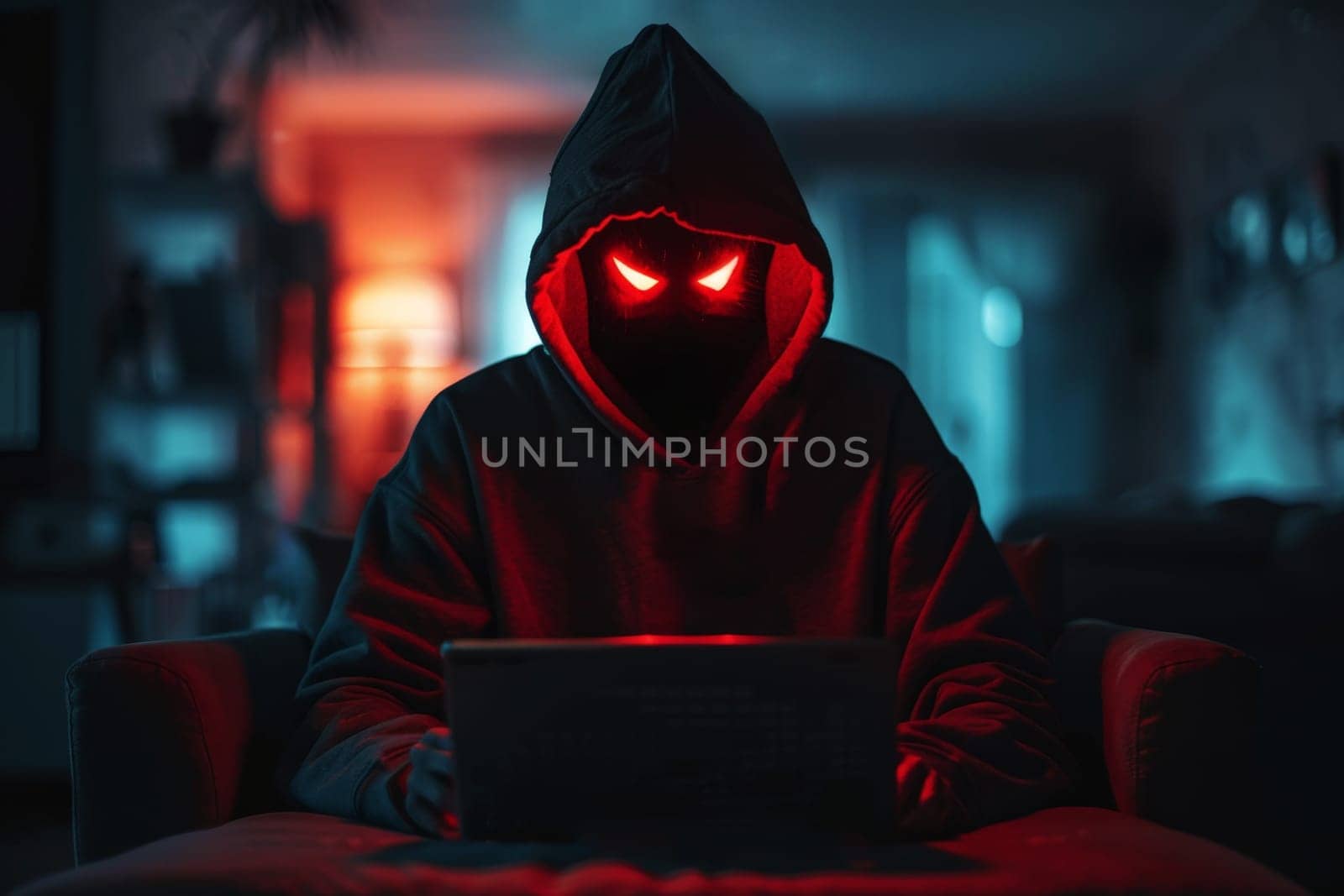 Hooded hacker with red eye using computer in dark room. Cybercrime concept..