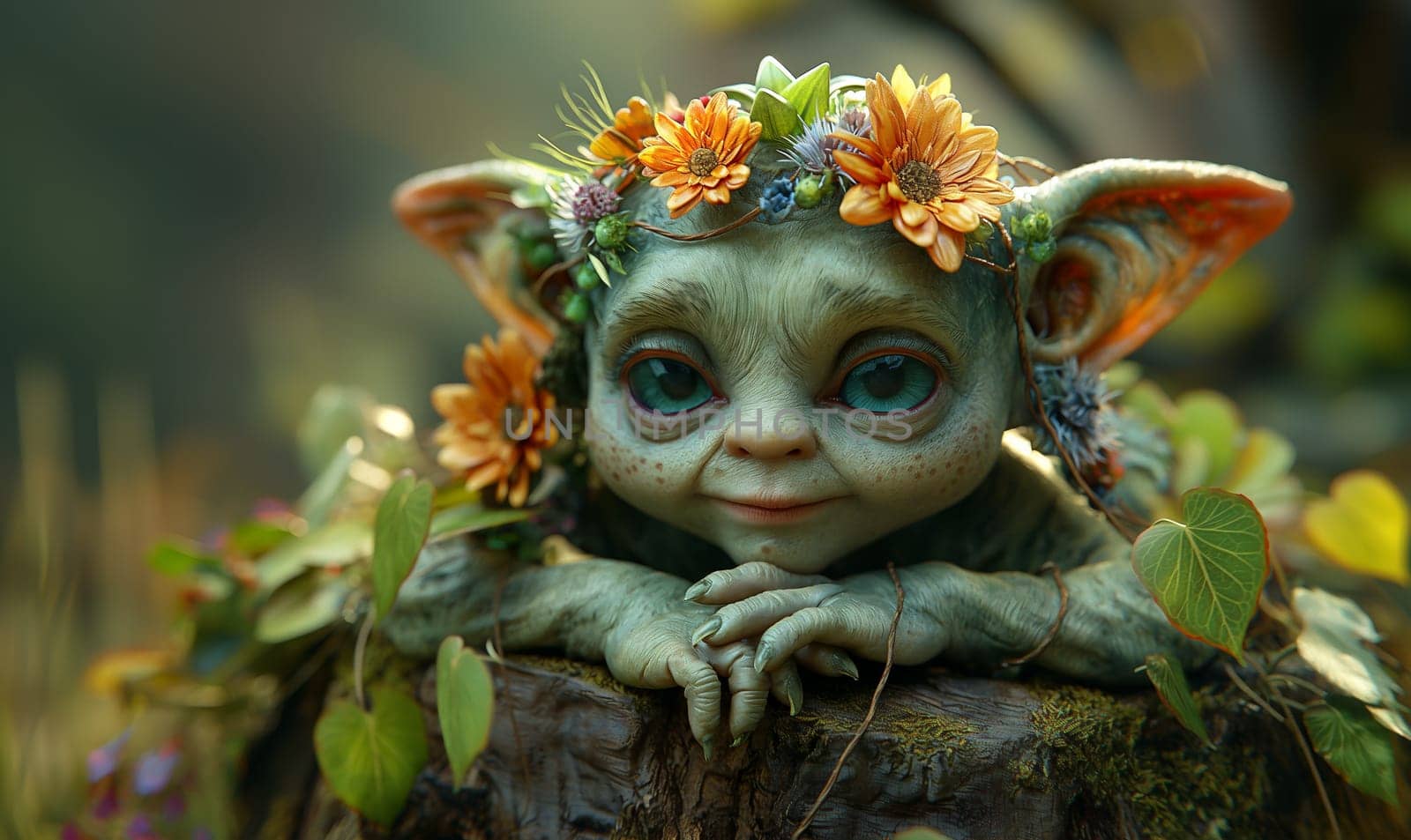 3D, cartoon goblin in the forest, close-up. by Fischeron