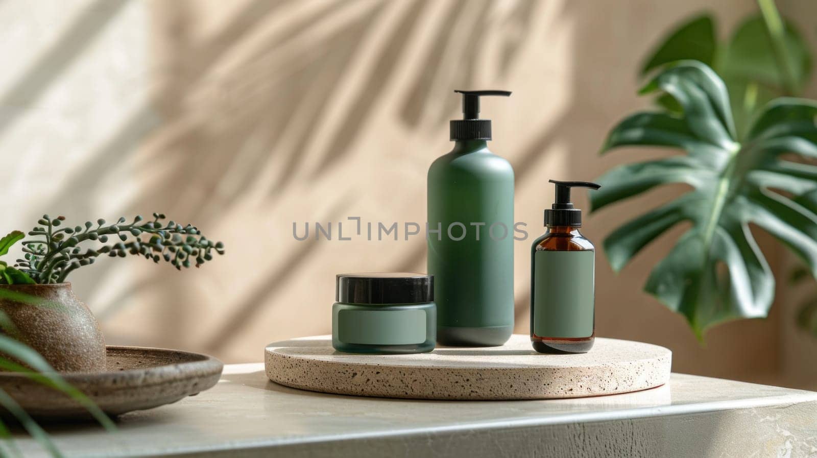 Green Glass Bottle of Body Lotion with Black Pump and Two Bottles of Face Serum on Terrazzo Stand Concept Minimalist Aesthetic Studio Photography.