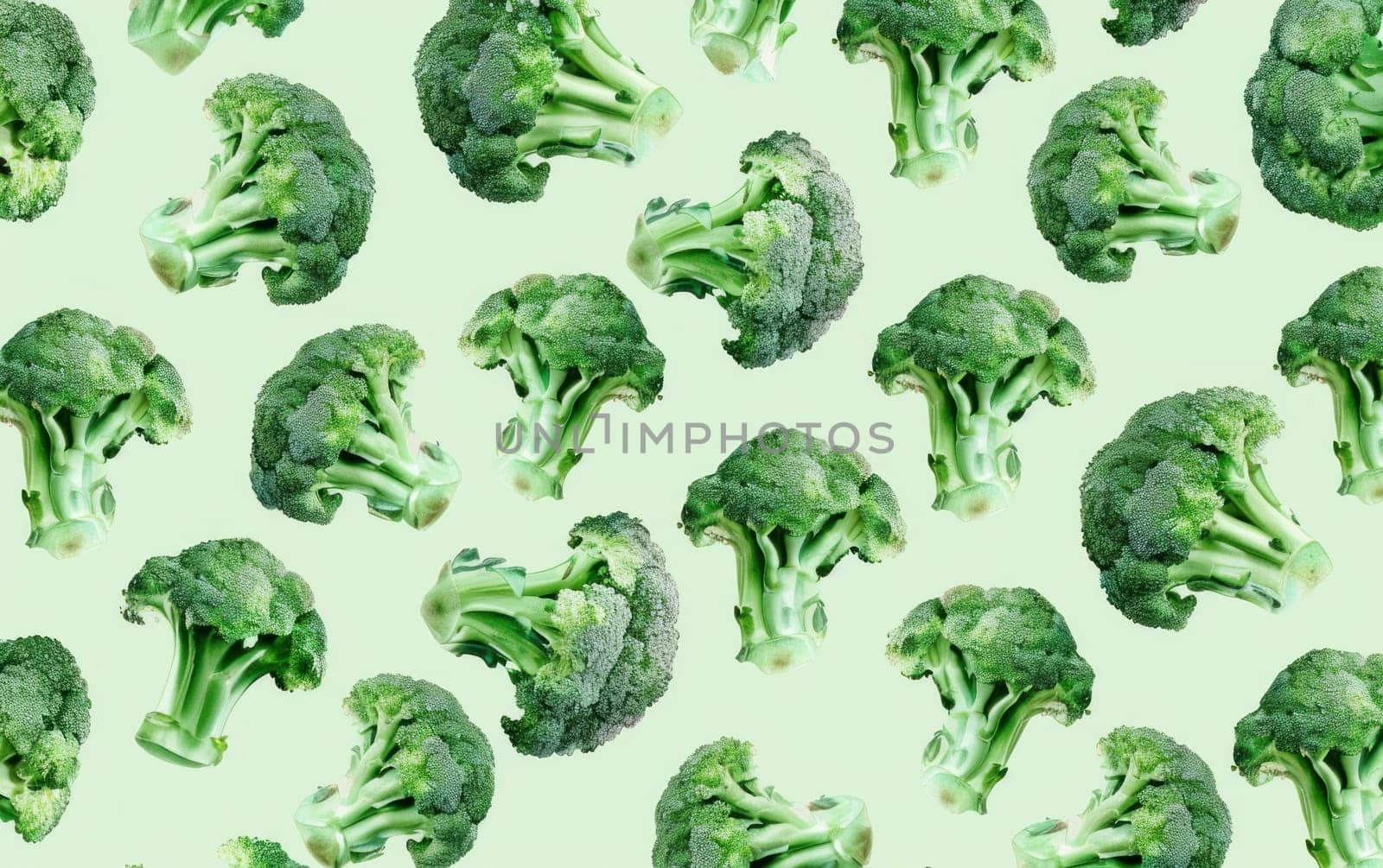 Fresh broccoli pattern on green background with word broccoli for healthy food and nutrition concept