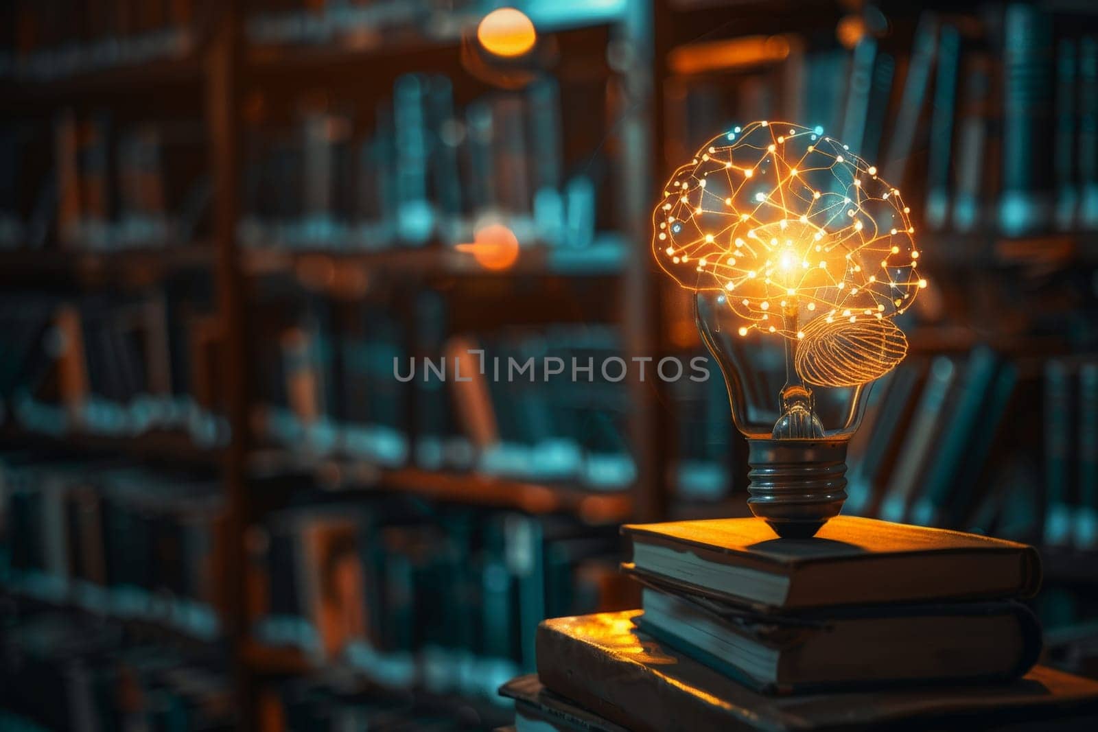 a glowing brain shaped like a light bulb, placed on top of a stack of books.