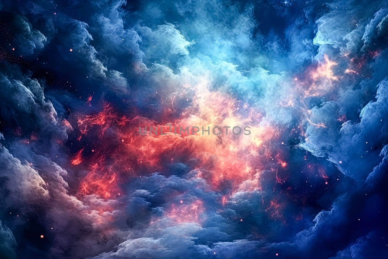 A colorful space scene with blue, red, and yellow clouds. The sky is filled with stars and the clouds are illuminated by the light of the stars. Scene is one of wonder