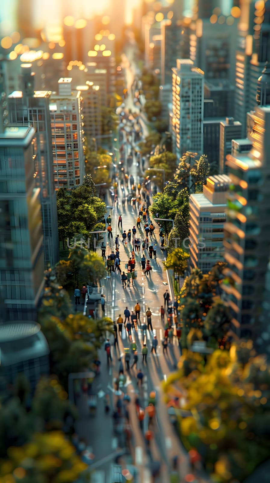 An aerial view of a crowd of people walking down a city street surrounded by skyscrapers and residential buildings in an urban design neighborhood