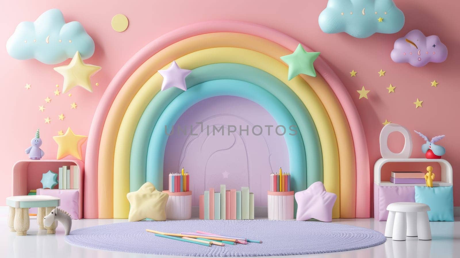 A colorful rainbow with stars and clouds in the background. The rainbow is surrounded by various items such as books, cups, and a box. Scene is cheerful and playful, with the rainbow