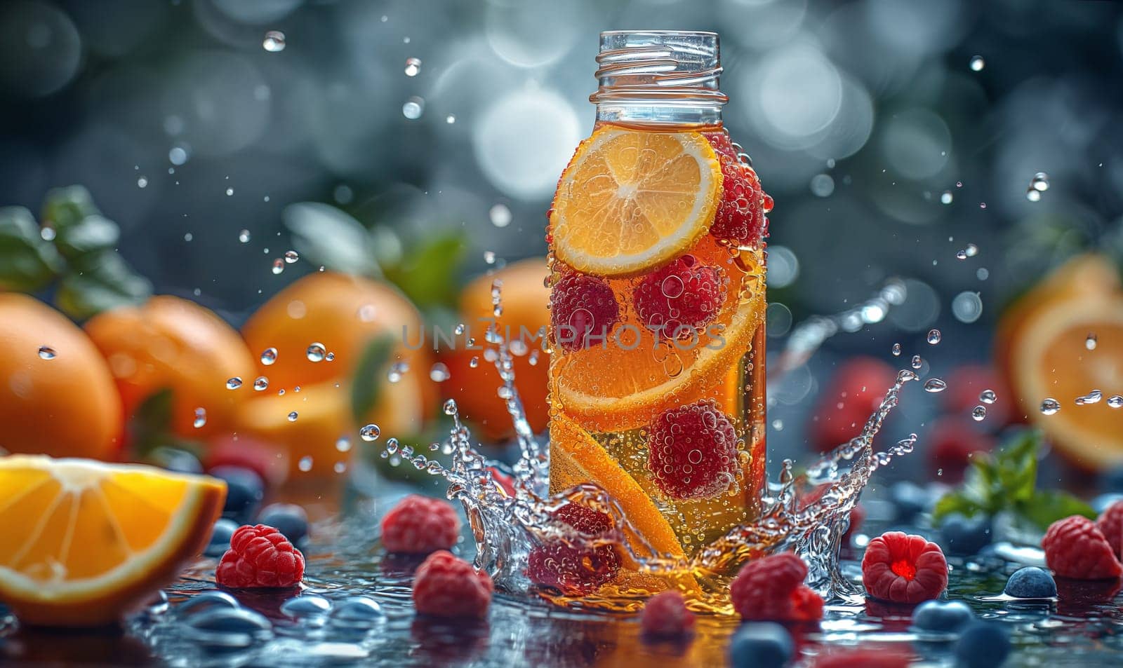 Fresh fruits in a bottle of water. Selective focus.