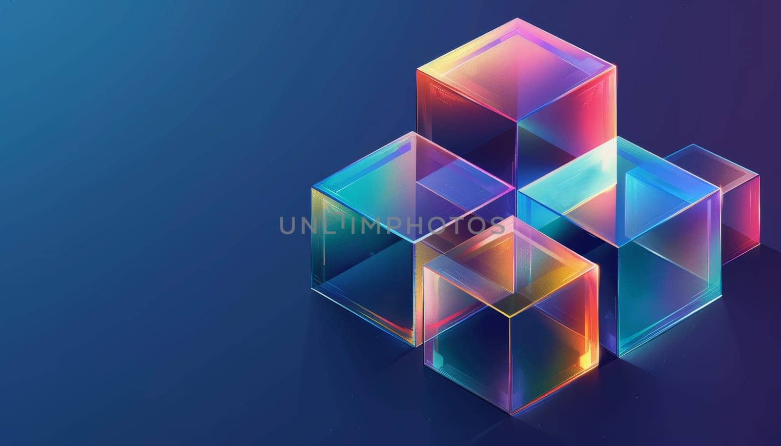 Three colorful cubes are arranged in a pyramid shape by AI generated image.
