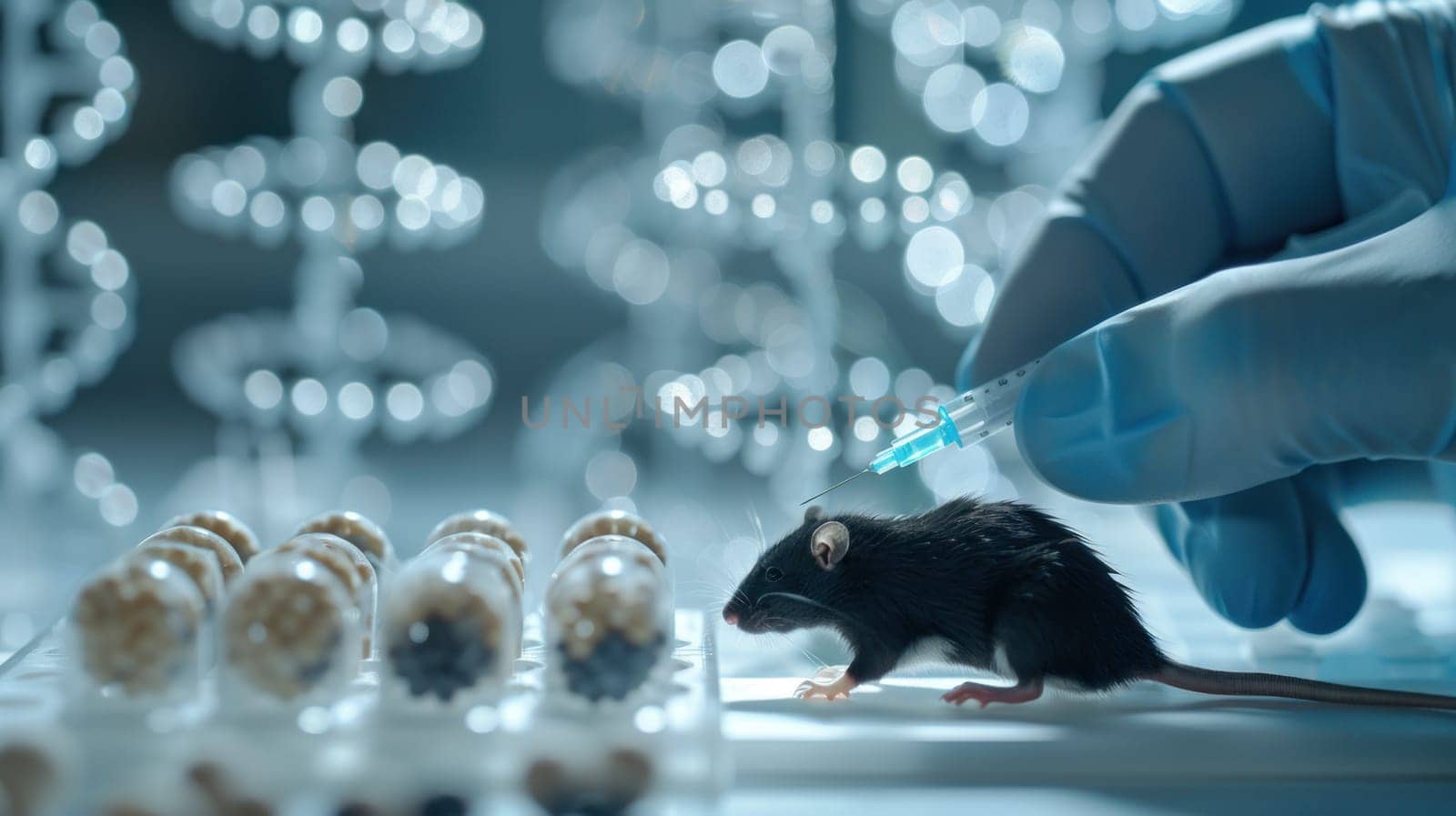 Scientist Conducting Injection Experiment on Black Rat in Professional Laboratory with DNA Helix Diagrams in Background Concept Advanced Genetic Research.