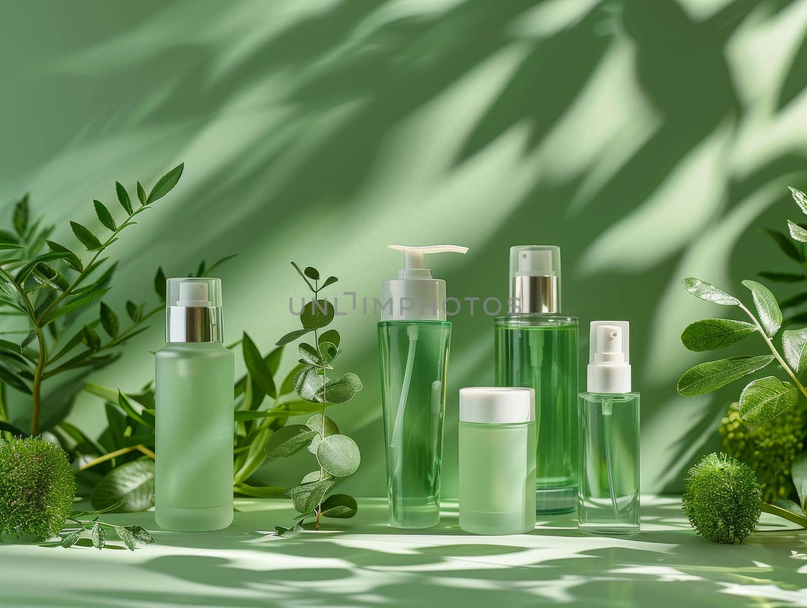 Mockup cosmetic product set. Green background and nature.