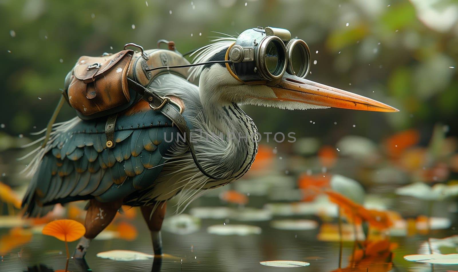 3D cartoon, a heron wearing big glasses walks through a swamp. by Fischeron