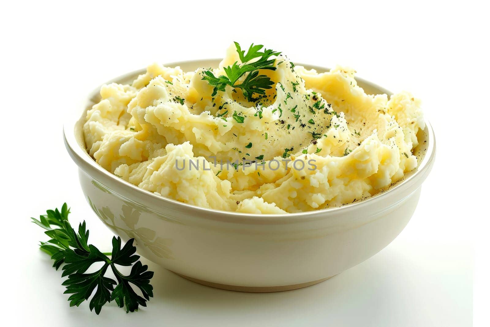 a dish of mashed potatoes with parsley in a bowl ..