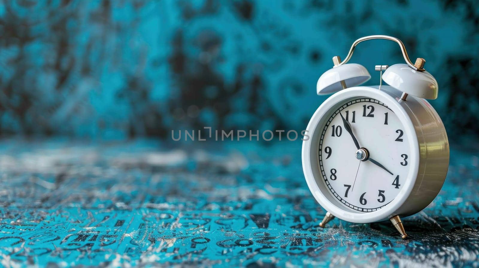 Timeline Background White Analog Alarm Clock on Calendar with Grunge Blue Background Concept Business Meeting Schedule Travel Planning and Project Milestone Reminder.