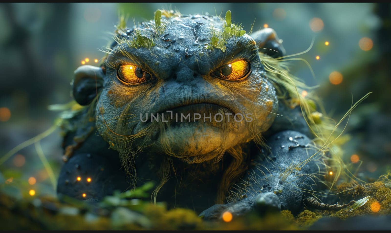 3D, cartoon evil goblin in the forest, close-up. Selective focus
