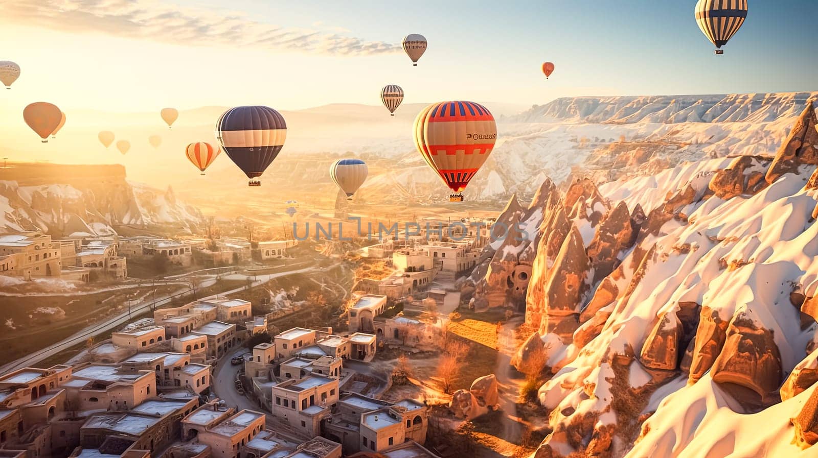 A hot air balloon festival is taking place in a small town. The sky is filled with colorful hot air balloons, creating a vibrant and lively atmosphere. The town is surrounded by mountains