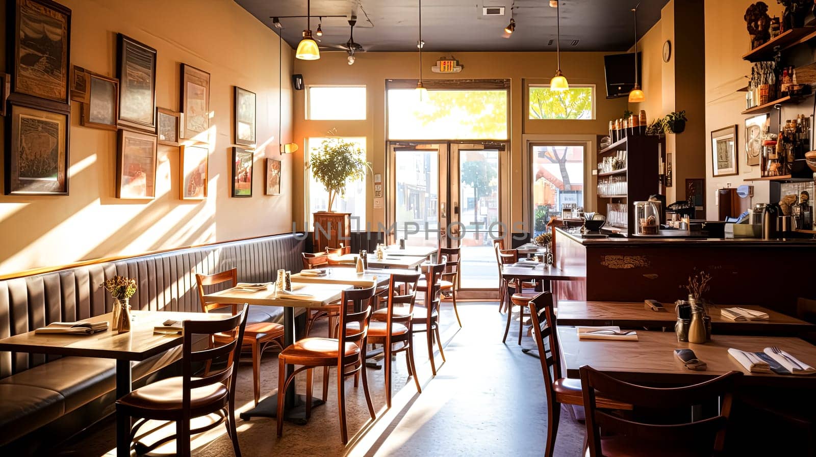 A restaurant with a lot of tables and chairs. The tables are empty and the chairs are arranged around them. The restaurant has a cozy atmosphere with a lot of natural light coming in from the windows