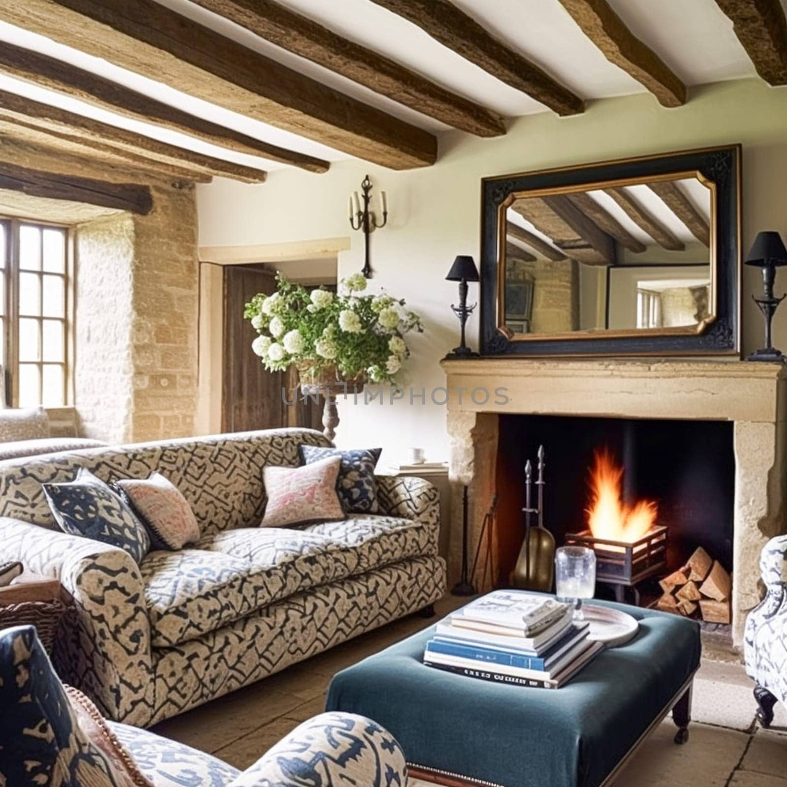 Cottage interior with modern design and antique furniture, home decor, sitting room and living room, sofa and fireplace in English country house and countryside style interiors