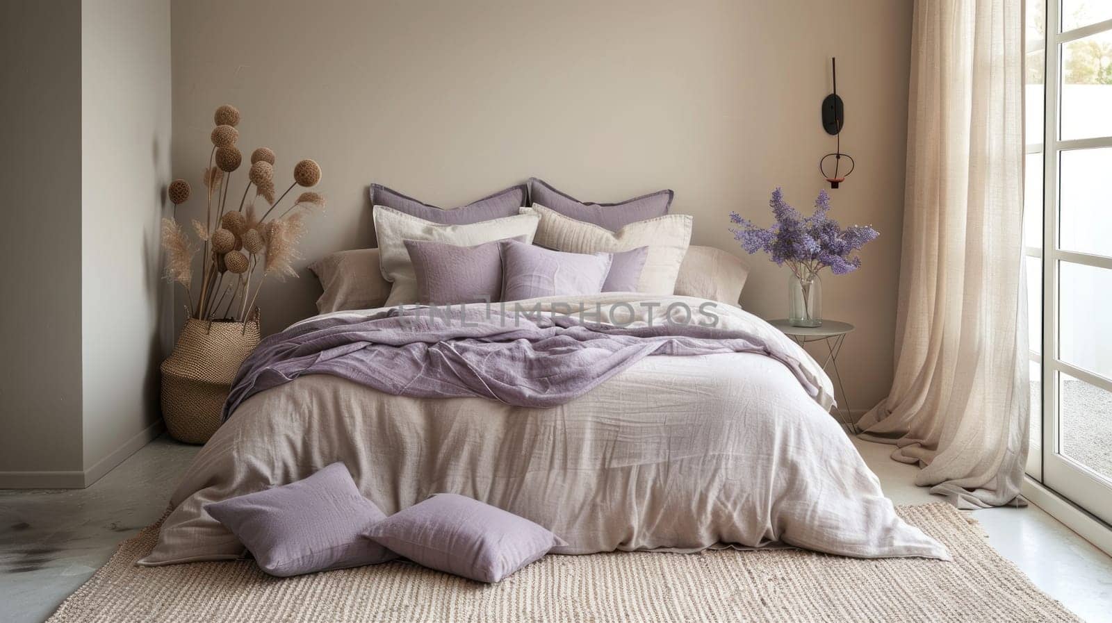 Peaceful Bedroom Design with Muted Colors Concept Light Taupe Bedding Soft Lavender Pillows and Neutral-Toned Rug Creating a Cohesive Relaxing Environment.